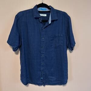 Tommy Bahama Men’s 100% Linen Textured Button Up Shirt Size Small Navy Blue